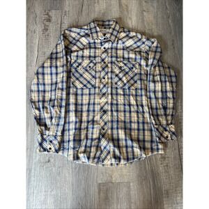 Wrangler Pearl Snap Blue Shirt Men's Size Extra Large Long Sleeve Plaid USA Made